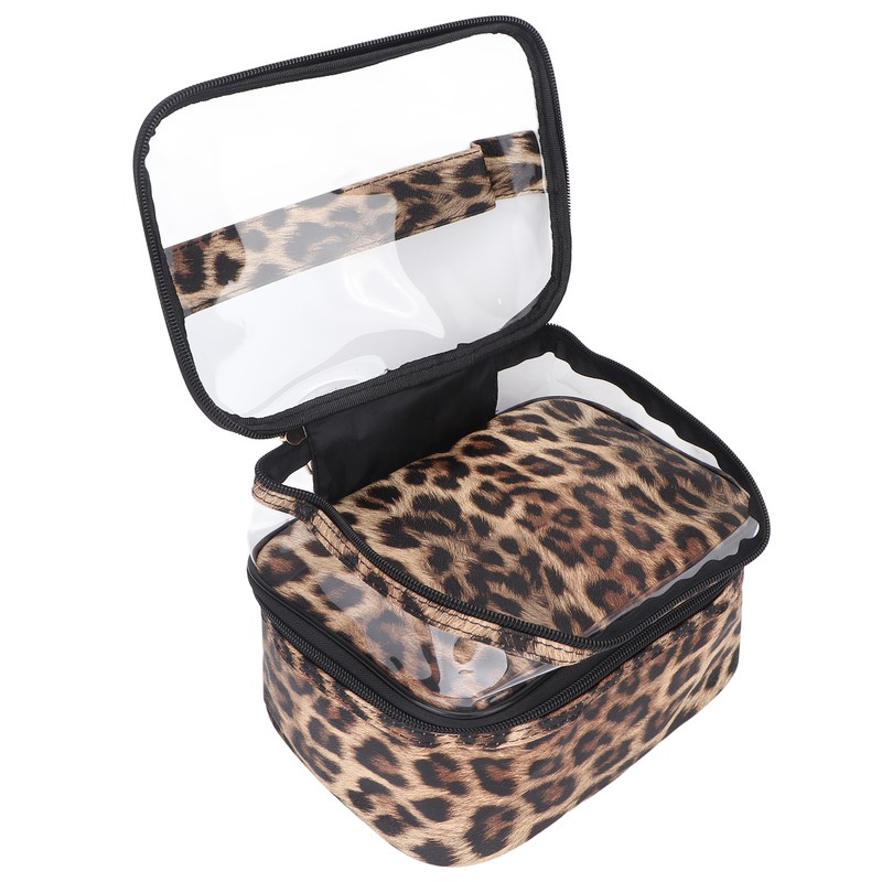 Double Layer Cosmetic Bag PVC Leopard Print Design Portable Large