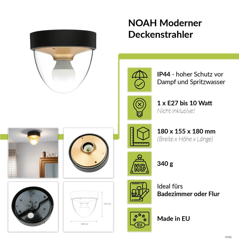 Licht-Erlebnisse Ceiling Light Plastic in Black Gold IP44 Bathroom Living