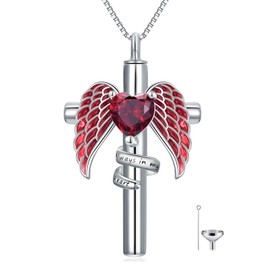 Flpruy Angel Wing Cremation Necklace for Ashes Sterling Silver Cross Urn Pendant Red Heart July Birthstone Memorial Keepsake Jewelry with Funnel Filler Kit for Women Pets
