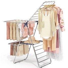 APEXCHASER Clothes Drying Rack with 4 Wings, Stainless Steel Drying Rack Clothing with Height-Adjustable, Foldable Gullwings Laundry Drying Rack, Indoor Outdoor Use, No Assembly, Regular Blue