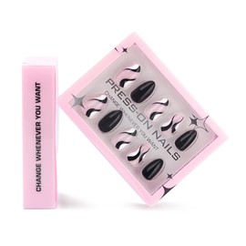 Black Press on Nails Medium Almond Fake Nails with Design Black White Curve Glue on Nails Full Cover Spring Nail Glossy Reusable 30pcs -15Sizes Solid False Nail for Women Girls Manicure
