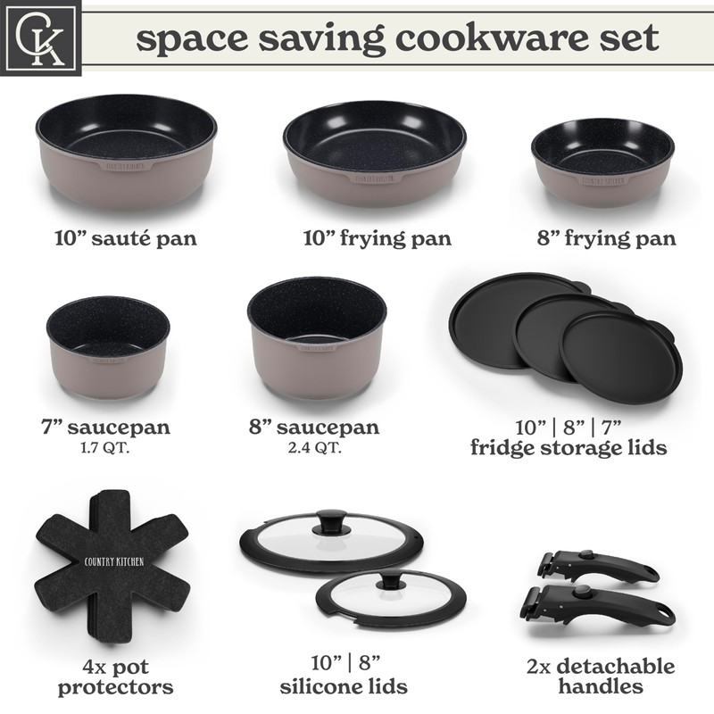 Country Kitchen Cookware Set with Removable Handle, Oven & RV