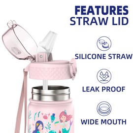 GOPPUS 420ml/14oz Kids Insulated Water Bottle with Straw Cute Double Wall Stainless Steel Child's Small Flask Vacuum Insulated Steel Metal Leak Proof Drink Flask Boys Toddler Girls Flask BPA-Free