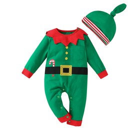 LIKPOJA Newborn Baby First Christmas Elf Outfit One-Pieces Baby Christmas Dress Up Santa Costume with Elf Hat for Toddler Baby Girls and Baby Boys(Green Elf Romper J,0-3 Months)