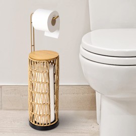 Freestanding Toilet Paper Holder with Storage,3 Rolls of Tissue Holder for Bathroom,Handmade Woven Toilet Paper Roll Holder Stand,Rattan Sturdy Boho Bathroom Decor Farmhouse Toilet Paper Storage