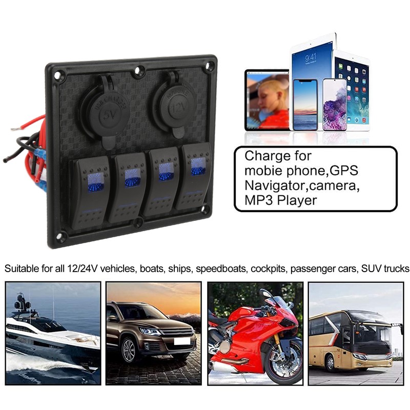 4 Gang Rocker Switch Panel LED Waterproof Dual USB Charging