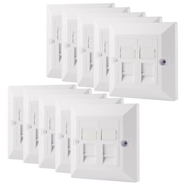 rhinocables CAT5e Ethernet Faceplate | Double 2 & Quad 4 RJ45 Gang Wall Sockets | Simple CAT 5 Setup for Printers, VoIP, Phones & More | Network Expansion for Home or Business (2 Port,Pack of 10)