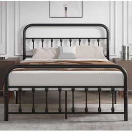 VECELO Full Size Victorian Style Metal Bed Frame with Headboard Classic Metal Platform Bed Frame Mattress Foundation with Footboard/Under Bed Storage/No Box Spring Classic Black