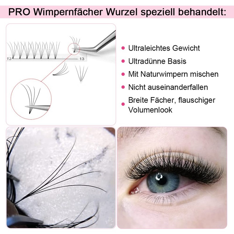 Ready-to-Use Fan Eyelash Extensions, 3D-D-0.10-Mix, Short Stem Volume Eyelashes, 0.10