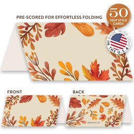 Koko Paper Co Fall Leaves Thanksgiving Table Place Cards | Pack of 50 Tent Style Cards | No Holder Necessary