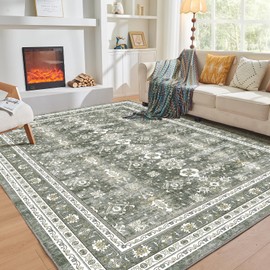 OPPODREAM Green Area Rugs 5x7, Soft 5x7 Area Rug, Vintage Washable Rug 5 x 7 with Non Slip Backing, Retro Faux Cashmere Low-Pile 5 x 7 Distressed Carpet
