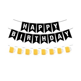 Elaliyi Beer Happy Birthday Banner & Mugs Black Beer Birthday Banner With Black and White Happy Birthday Decorations Perfect for Adults' Birthday Parties