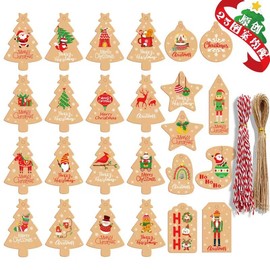 Christmas Gift Wrap Tags, 27 Pieces Wooden Tree, Star, Stocking Shapes with Strings