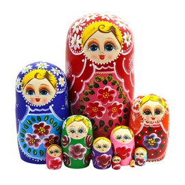 Set of 10 Multicolored Girl Wooden Nesting Doll,Cute Blonde Girl Flower Hand Painted Traditional Russian Matryoshka Doll Stacking Toy Set Ornament for Kid Birthday Gift Christmas Party Home Decoration