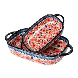 ONECCI Baking Dish Ceramic Baking Pan Blue Casserole Dish Porcelain rectangular Baking Set 2pcs Bakeware Sets single serving size Lasagna Pan Baking Dishes for oven(Pum flower)