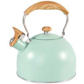 GGC Tea Kettle for Stove Top, 85OZ/2.6QT Whistling Tea Kettles for Boiling Water Milik or Coffee, Green Stainless Steel Tea Pots with Wood Pattern Folding Handle, Thumb Design Control Kettle Outlet