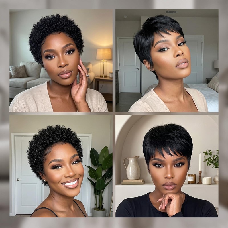2 Pcs Glueless Pixie Cut Wig, Short Black Wig with