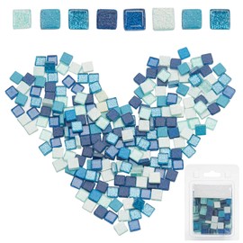 GORGECRAFT 220 Pieces Mosaic Tiles Glass Glitter Mosaic Square Shape Stained Glass Pieces for DIY Crafts Kitchen Shower (Blue, 10 X 10mm)