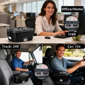 Andmenow Electric Lunch Box 80W Food Heater with Dual Container, Portable Lunch Warmer for Adults, Upgraded Heated Lunch Box for Car/Truck/Office,110/24/12V 1.5L