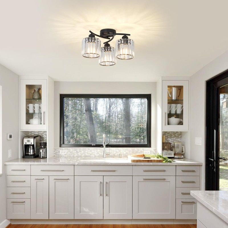 Crystal Semi Flush Mount Ceiling Light,3-Light Black Close to Ceiling
