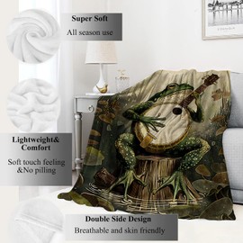 VODRM Banjo-Playing Frog Blanket Whimsical Woodland Throw Blankets with Musical Animal & Moonlit Swamp,Birthday Gifts for Kids Adult,Lightweight Soft Fleece,for Sofa Couch Bed Room Decor 40x50in