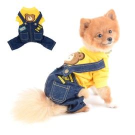 SELMAI Dog Outfits for Small Dogs Boy Girl Summer Shirts Denim Bib Pants 2 Pockets Jumpsuits One Piece Apparel for Cats Puppies Chihuahua Clothes Adorable Overall for Medium Pet 4 Legs Autumn