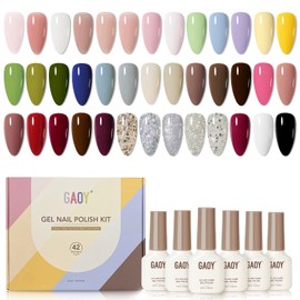 GAOY 42 Pcs Gel Nail Polish Kit, Red Blue Jelly Nude Glitter Colors All Seasons Gel Nail Polish Set with Glossy & Matte Top Coat and Base Coat for Nail Art DIY at Home