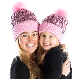 Funky Junque Mom and Me Matching Puffer Pom Hat Beanie Set for Women and Kids, One Size, Pink (2 Pack)