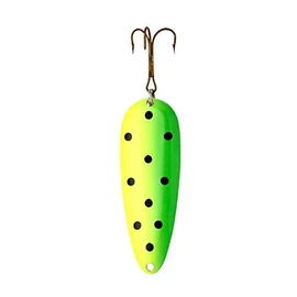 Lucky Strike Bait Works Devil Bait Spoon Fishing Lure for Panfish, Bass, Pike, Designed in Canada (Size 2.0, FL Yellow Green Black Dot Nickel)