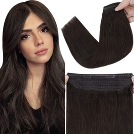 Fshine Brown Wire Hair Extensions Real Human Hair Remy Secret Fish Line Human Hair Extensions Invisible Wire Extensions Secret Wire Human Hair 16 Inch 80g Dark Brown #2