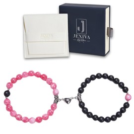 Set Of 2 Couples Bracelet Magnetic Healing Natural Bead Stone Stretch Bracelet Unisex Anniversary, Friendship, Valentine, Christmas Gift (Black+Pink, With Luxury Giftbox)