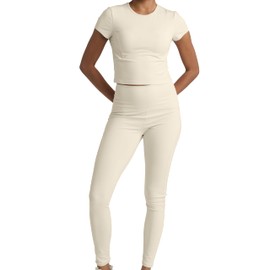 Two Piece Workout Set for Women High Waist Leggings and Short Sleeve Athletic Tops Matching Pilates Gym Sets Yoga Outfits Latte