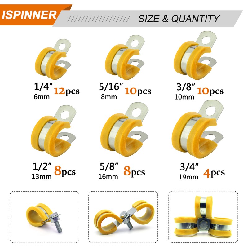 ISPINNER 52pcs Cable Clamps Assortment Kit, 304 Stainless Steel Rubber