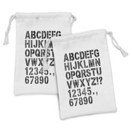 Ambesonne Letters Fabric Pouch Set of 2, Alphabet Concept Grunge Stencil Letters and Numbers Distressed Scratched Look, Small Drawstring Bag for Toiletries Masks and Favors, 9" x 6", Black White