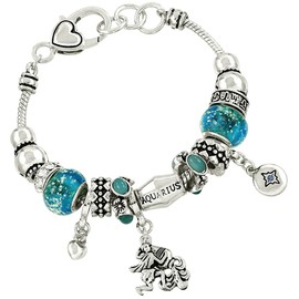Falari Zodiac Charm Bracelet Multi-Color Slide Metal Murano Beads Silvertone Aquarius