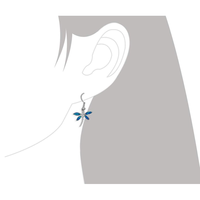 Sterling Silver Synthetic Blue Opal Dragonfly Dangle Earrings