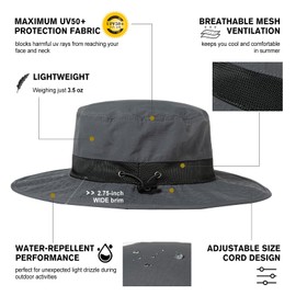 Mens Wide Brim Sun Hat M/L UV Protection Boonie Bucket Sunhat Summer Beach Golf Hiking Safari Outdoor Fishing Garden SPF 50 Dark Grey 56-59cm