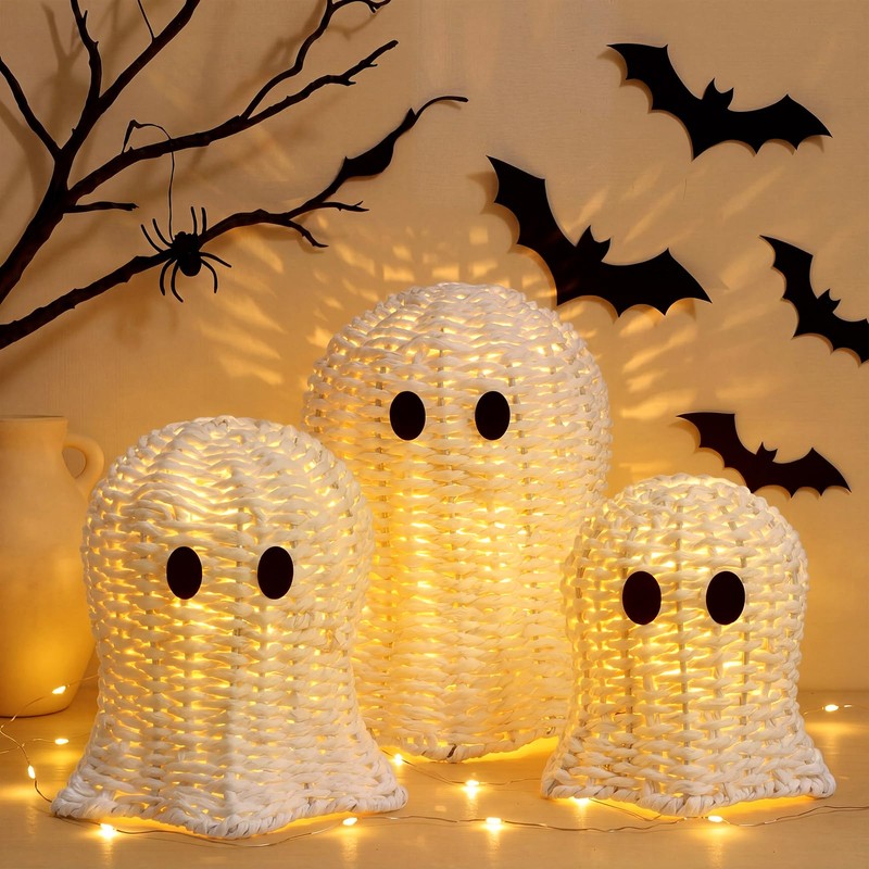 Geelin 3 Pcs Woven Ghost Decor with LED String Lights