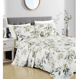 Chezmoi Collection Julia 4-Piece Floral Bed Sheet Set - Multicolor Taupe-Green Gray White Floral Leaves Printed Microfiber 14-Inches Deep Pocket Sheets & Pillowcases Set, Full