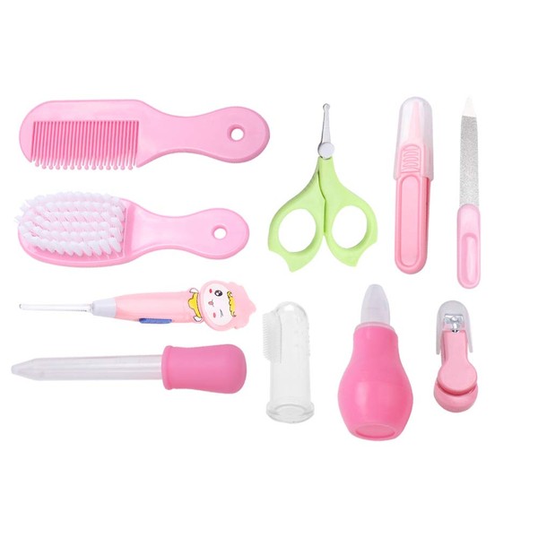 Baby Nail Clipper Scissors Hair Brush Comb Manicure Care Kit Newborn Baby Essential Healthcare Grooming Kit Set Convenient Daily 10Pcs(Pink)