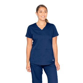 Grey's Anatomy Women's Two Pocket V-Neck Scrub Top with Shirring Back, Indigo, Large