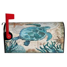 Abucaky Blue Sea Turtle Nautical Map Retro Ocean Mailbox Cover Magnetic Waterproof Mailbox Wraps Post Letter Box Decor 25.5x21 in