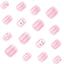 24 Pcs Pink Press On Nails Short Square,YEFIUO Glossy Fake Nails Press ons Nail Art Tip Acrylic Nail Kit Glue on Nails Full Cover False Nail Stick on Nails with Ombre French Flowers Design for Ma'am
