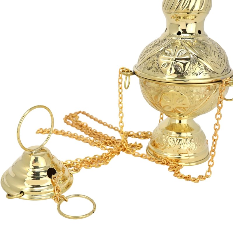 Needzo Carved Hanging Brass Censer, Religious Incense Burner, 33 Inches