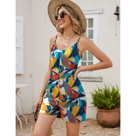 LOMON Womens Summer Casual Spaghetti Strap Beach Rompers Scoop Neck Cami Shorts Romper Jumpsuit with Pockets Colorful Foliage XL