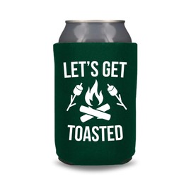 Camping Can Cooler, Let's Get Toasted, Funny Camping Trip Coolies, Trip Kit and Gift Ideas, Outdoor Drink Accessory (Forest Green)