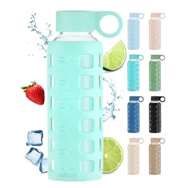 Purifyou Borosilicate Glass Water Bottles 40/32/22/12 oz Glow-in-the-Dark | with Volume Markers, Silicone Sleeve, Stainless Steel Lid, Reusable Bottle, for Water, Juice, Gym, Fridge Storage