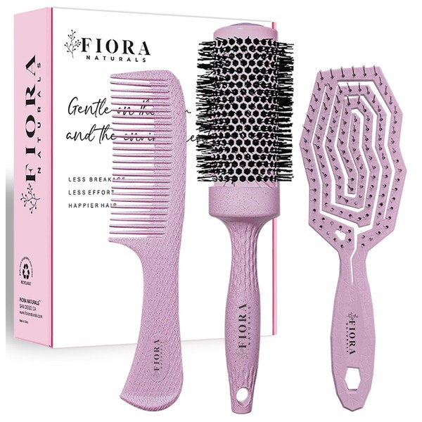 Hair Brush Set For Women - Fiora Naturals Hair Detangler Brush, Round Brush, and Comb Set - Bio-friendly Hairbrushes for Detangling and Blow Drying - For All Hair Types, Natural, Fine & Curly.