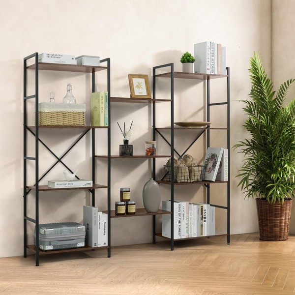 CAPHAUS Triple Column 4 Tier Bookshelf, Industrial Triple Bookcase with