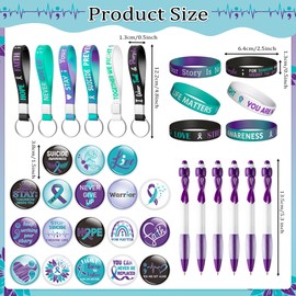 WATINC Suicide Awareness Kits - 144PCS Suicide Prevention Awareness Set with Teal & Purple Ribbon, 36 Silicone Bracelets 36 Keychains 36 Button Pins 36 Purple Ribbon Pens Gift for Charity Events Party